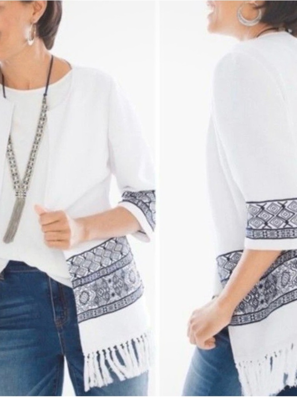 Chico's White Tunic Cardigan with Navy Aztec Geometric Trim and Fringe NWT Sz 3